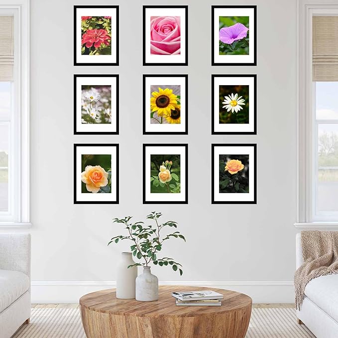 12 Packs A4 Picture Frames, Display 6x8 with Mat or 8.3x11.7 Without Mat, Gallery Wall Frame Set, 8.3 by 11.7 Frames Bulk Set of 12 Collage Wall Decor Photo Frames Set for Wall and Tabletop, Black