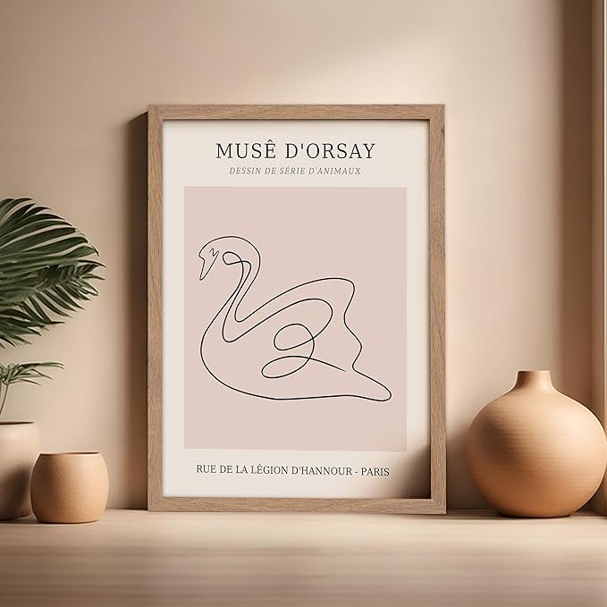 Poster Master Vintage Poster - Retro One Line Swan Drawing Print - Swan Art - Bird Art - Minimal Gift for Her, Animal Lover - Abstract Decor for Home, Office, Bedroom, 16x20 Beige Framed