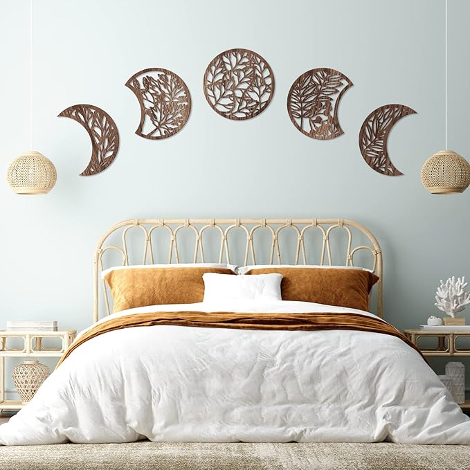 Jetec 5 Pcs Moon Phase Wall Art Decor Wall Pediments Hanging Wooden Moon Phase Spiritual Bedroom Nordic Boho Lunar Aesthetic Art for Living Room Dorm Apartment Bar Ornament(Brown,10.6 Inch)
