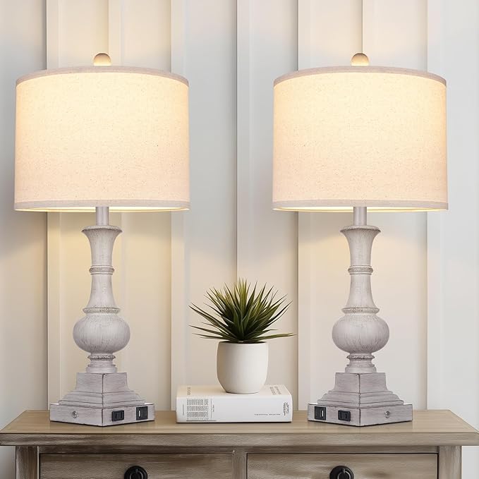 Farmhouse Lamps Set of 2, 26" Vintage Rustic Touch Control Bedside Lamp with USB A+C Ports & AC Outlet, 3-Way Dimmable Boho Nightstand Lamp Washed Resin Linen Fabric Shade for Living Room Bedroom Grey