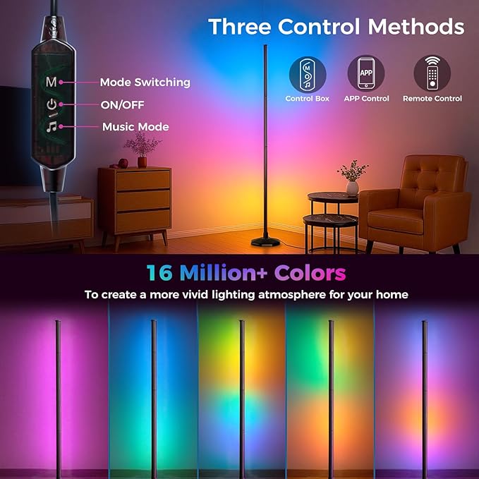 DomeStar RGB Corner Floor Lamp with Remote and App Control, 16 Million Color Changing Sync with Music Sync - Modern Mood Lighting for Bedroom, Living Room Aesthetic Room Decor