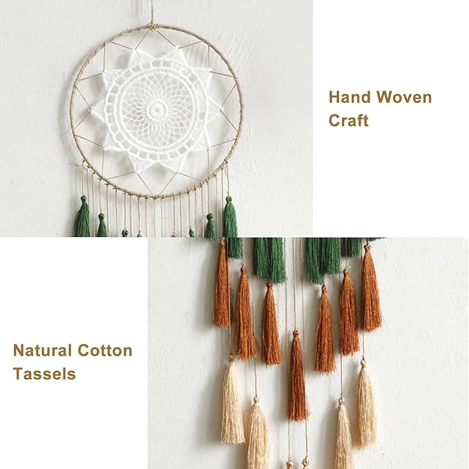 Artilady Macrame Dream Catchers for Bedroom - Tassel Wall Hanging Handmade Dreamcatchers Home Decor with Tassel Feather Ornament Craft Blessing Gift (Green Mix)