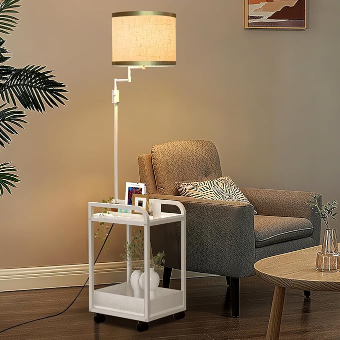 Lightdot 63IN Floor Lamps with Storage Table&Basket, Modern Standing Tall Lamps with Adjustable Fabric Lampshade and Movable&Fixed Casters, Coner End Table Lamp for Living Room/Bedroom/Office-White