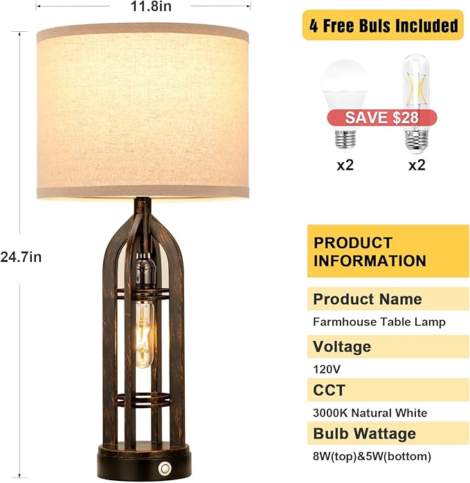 Seealle Table Lamp for Living Room Set of 2 - Copper Bedside Lamp for Bedroom with USB C+A & Outlet, Farmhouse Lamps for Night Stands, 3-Way Dimmable Touch Lamps for Living Room