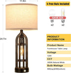 Seealle Table Lamp for Living Room Set of 2 - Copper Bedside Lamp for Bedroom with USB C+A & Outlet, Farmhouse Lamps for Night Stands, 3-Way Dimmable Touch Lamps for Living Room