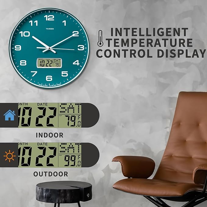 Wall Clock, 10" Dial Non-Ticking Silent Battery Operated Analog with LCD Display for Perpetual Calendar and F° Temperature, Ideal Modern Home, Office Decor (Green)