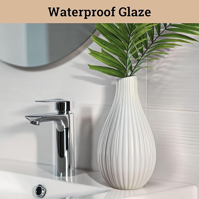 8 Inch White Ceramic Vase for Flowers, Centerpieces and Home Decor - Stylish Ribbed Textured 8 Inch Small White Vase for Pampas Grass - Decorative Vases for Centerpieces - Textured Vases Home Decor