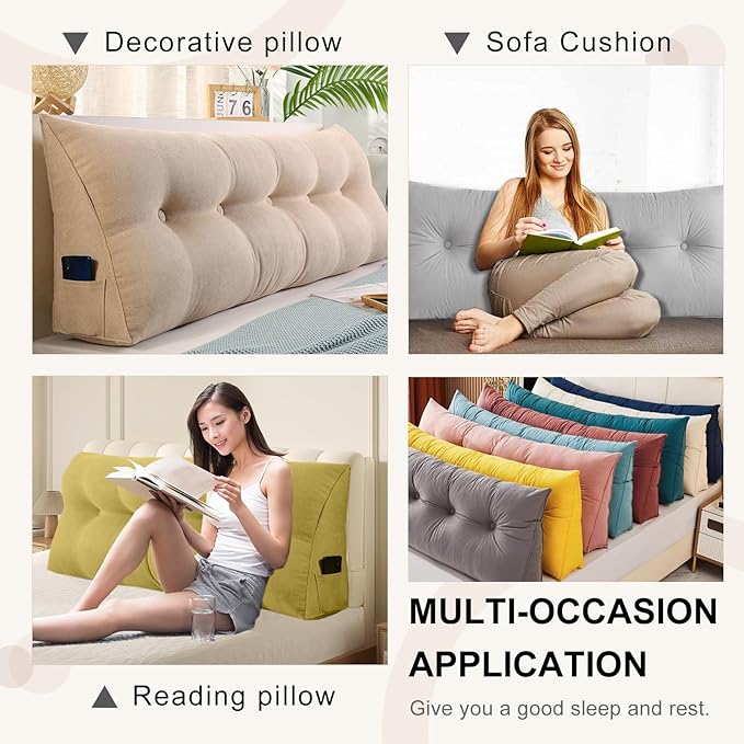 Large Triangular Headboard Pillows Long Backrest Positioning Support Bolster Cushion for Daybed Fluffy Quality Plush Body Wedge Pillow with Removable Cover(Pink -Full-54x8x20in)