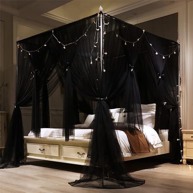 VETHIN 4 Corners Post Princess Bed Canopy Curtain Double Layer Cozy Drape Netting 4 Opening Mosquito Net for Girls & Adults Bedroom Decoration Accessories (Double Black, 47" W*78" L*82"*H/Twin)