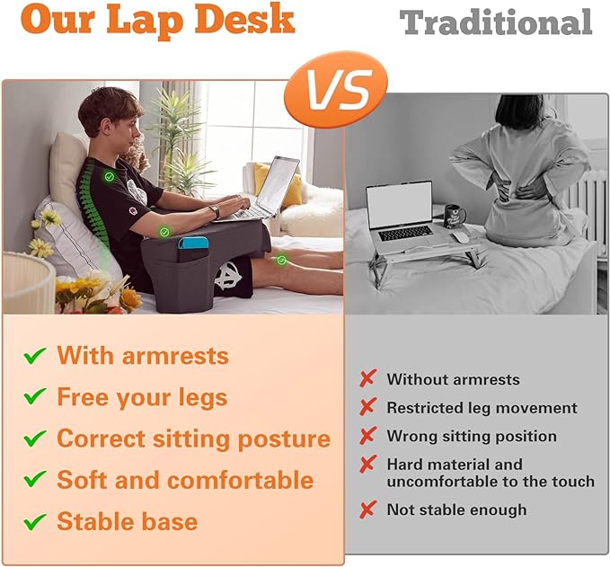 Lap Desk Pillow for Laptop, Reading Pillow for Gaming with Pockets, Soft Lap Desk for Couch, Memory Foam Laptop Pillow for Working, Crocheting or Sitting in Bed Sofa(Dark Grey)