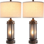 Set of 2 Farmhouse Lamps for Living Room, Rustic Vintage Bedroom Nightstand Table Lamp with 2 USB Charging Ports, Built-In Frosted Glass Night Light for End Table Entryway, 4 Bulbs Included (Bronze)