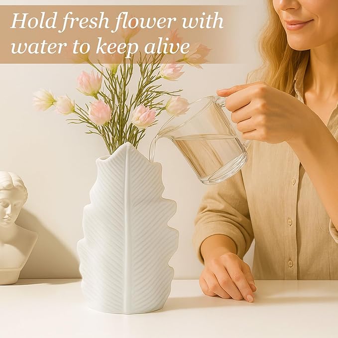 White Matte Ceramic Leaf-Shaped Vase – BEAHOT Modern Minimalist Decorative Flower Vase with Embossed Leaf Texture for Table Centerpiece, Home & Office Decor