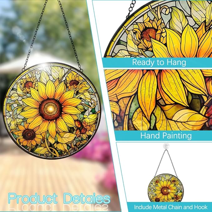 Sunflower Suncatcher Stained Glass Window Hanging Ornaments - 8” Handmade Sun Catchers Indoor Window Outdoor Garden Decor - Wall Art Sun Flower Glass Panel with Hooks - Sunflower Gifts for Women Mom