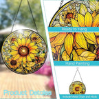 Sunflower Suncatcher Stained Glass Window Hanging Ornaments - 8” Handmade Sun Catchers Indoor Window Outdoor Garden Decor - Wall Art Sun Flower Glass Panel with Hooks - Sunflower Gifts for Women Mom