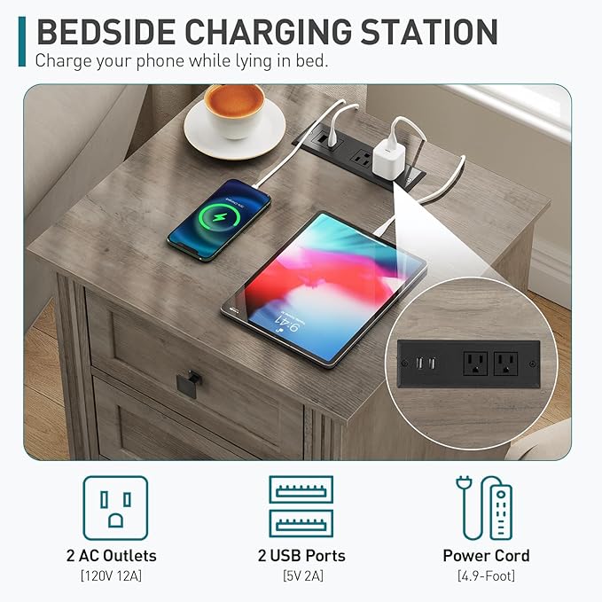 Nightstand Set of 2, Night Stand with 3 Drawers, 18 Inch Wide End Table with Charging Station, Farmhouse Bedside Table, Side Table for Bedroom, Study, Greige