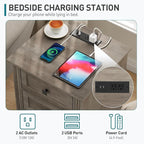 Nightstand Set of 2, Night Stand with 3 Drawers, 18 Inch Wide End Table with Charging Station, Farmhouse Bedside Table, Side Table for Bedroom, Study, Greige