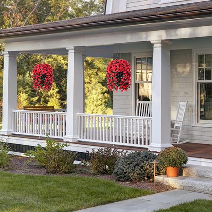 Artificial Fake Hanging Flowers Plants for Outdoor Outside Decoration, 2PCS Faux Silk UV Resistant Look Real Red Morning Glory Trailing Vines for Home Planter Wedding Party Garden Patio Porch
