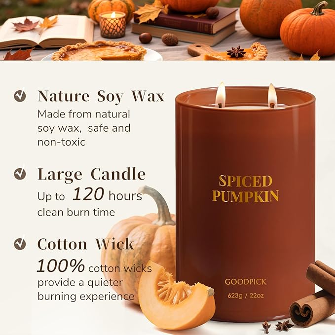 Goodpick Spiced Pumpkin Candles, Fall Scented Candles for Home, 22oz Soy Wax, Warm Cinnamon & Clove 120hrs, Cozy Autumn Gift