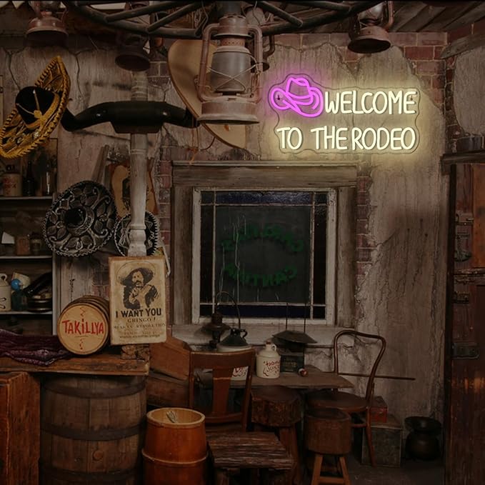 WLHOPE Welcome To The Rodeo Neon Sign Cowboy Hat Led Lights Dimmable Light Signs for Wall Decor 16.5 x 8.6 inches USB Powered Licked Light Signs for Bar Home Club Party Western Bedroom Decoration