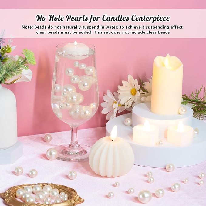 300Pcs Pearl Vase Filler, Ivory No Hole Faux Pearl Beads for Centerpieces Vases, Candle Centerpieces, Wedding Birthday Party Home Decor 8/10/14/20mm