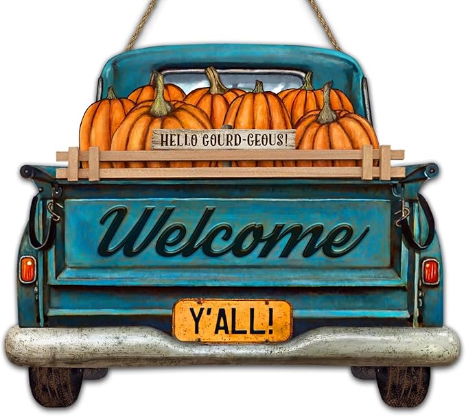 Interchangeable Welcome Sign for Front Door Blue Farmhouse Truck Decor Hanging Sign with 11 Interchangeable Seasonal and Holiday Decor Signs 12x14 in. (Blue Farmhouse Truck)