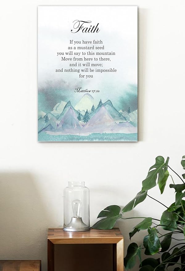 ART Christian Canvas Wall Decor Mountains Canvas Poster for Living Room Bedroom Decorations Modern Picture Poster Painting Home Décor, Bible Verse, Matthew 17:20 Faith