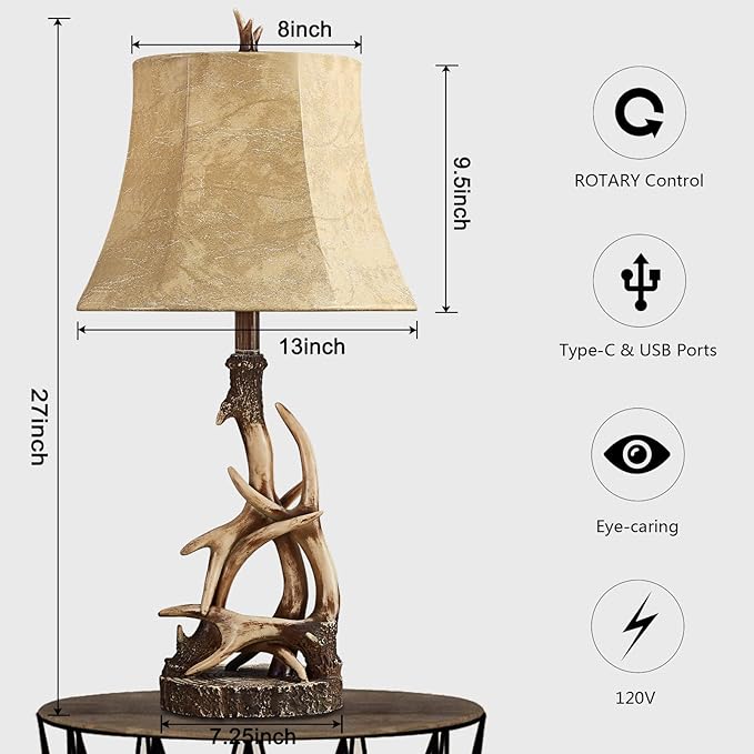 27.25'' Rustic Antler Table Lamps for Living Room with USB A + C Charging Ports Western Cabin Bedside Lamps for Bedroom Nightstand Lamps with Faux Leather Lampshade, Single, Bulb Not Included