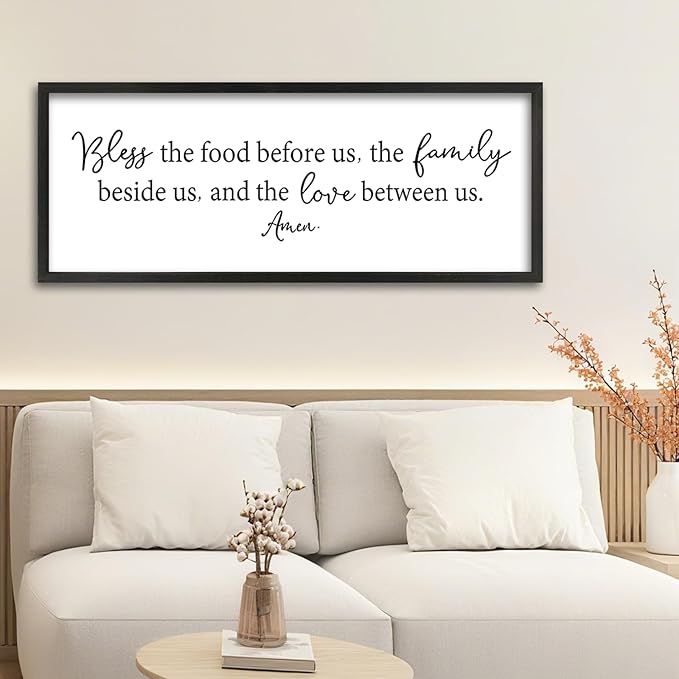 ZZJJHYWGQ Dining Room Bless The Food Before Us Wall Decor Kitchen Christian Sign 40"X15" Christian Grateful Farmhouse Large Catholic Wooden Frame Wall Hanging Art (Black)