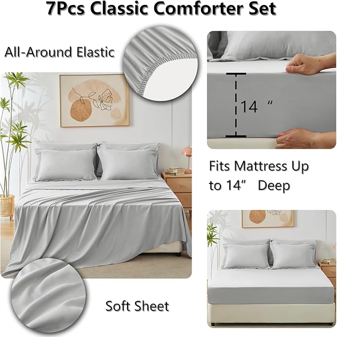 CozyLux Queen Comforter Set Light Grey - Bed in a Bag Queen Size 7 Pieces, Luxury Soft Bed Set for All Seasons, Bedding Set with Down Alternative Comforter, Sheets, Pillowcases & Shams