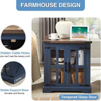 Farmhouse End Table with Charging Station,24" Large Side Table with Glass Barn Door, Rustic Wood Nightstand Bedside Table with Adjustable Storage Shelf for Living Room, Bedroom, Navy Blue