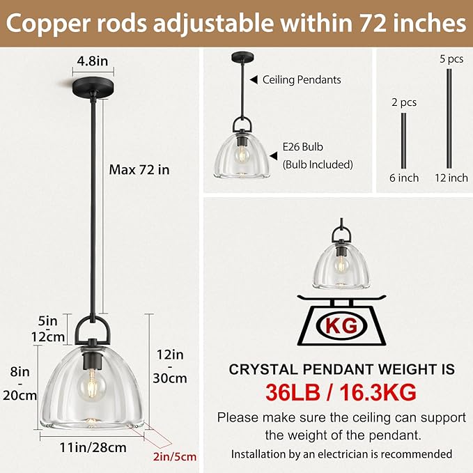 Crystal Black Pendant Lights Kitchen Island, 11" Crystal Dome Pendant Lighting, Modern Island Lights for Kitchen, Farmhouse Crystals Dome Black Pendant Light for Hallway Dining Room Bedroom