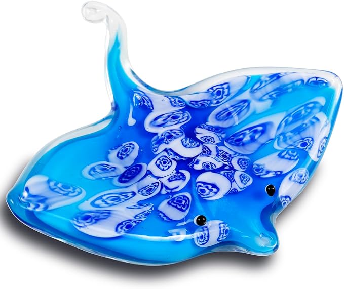 Crystal Devil Fish Figurine Hand Blown Glass Manta Ray Statue Collectibles Ocean Art Sea Animal Home Table Decor Gift Blue 4.7''