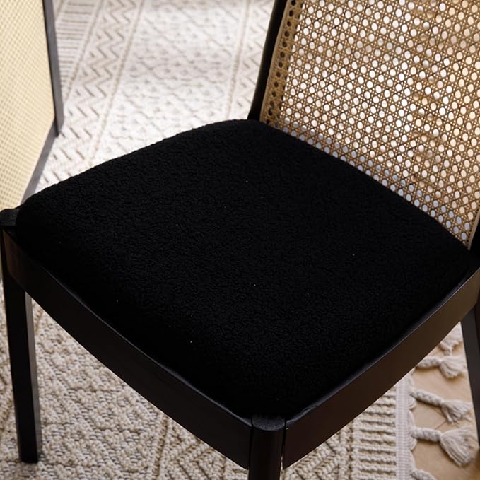 Mid Century Dining Chairs Set of 2, Accent Rattan Sherpa Fabric Side Chairs Kitchen Chair with Solid Wooden Legs for Living Room Dining Room, Black