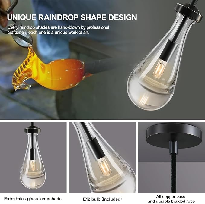 Raindrop Pendant Light Set of Two, Black Pendant Lights Kitchen Island, Pendant Lighting Tear Drops Pendant Light Fixtures, Pendant Lights for Kitchen Island Bedroom Bathroom, Included Bulb