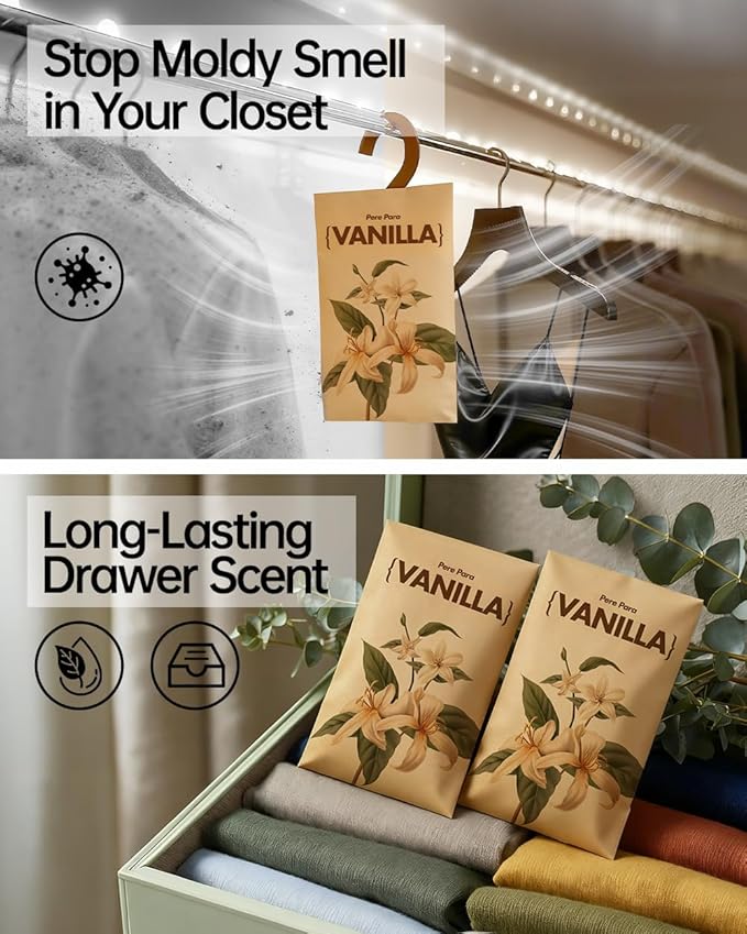 12 Packs Vanilla Walk in Closet Scent sachets, 【Deodorizer for Musty Odors】 Hanging Paper air fresheners for Clothes Long Lasting, Drawers and Closets