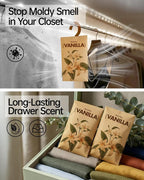 12 Packs Vanilla Walk in Closet Scent sachets, 【Deodorizer for Musty Odors】 Hanging Paper air fresheners for Clothes Long Lasting, Drawers and Closets