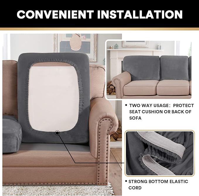 PrinceDeco Velvet Stretch Couch Cushion Cover, Sofa Slip Covers for Cushion Couch Chair Loveseat Sofa Furniture Protector Cushion Sofa Cover Each Width Up to 29.5", Grey