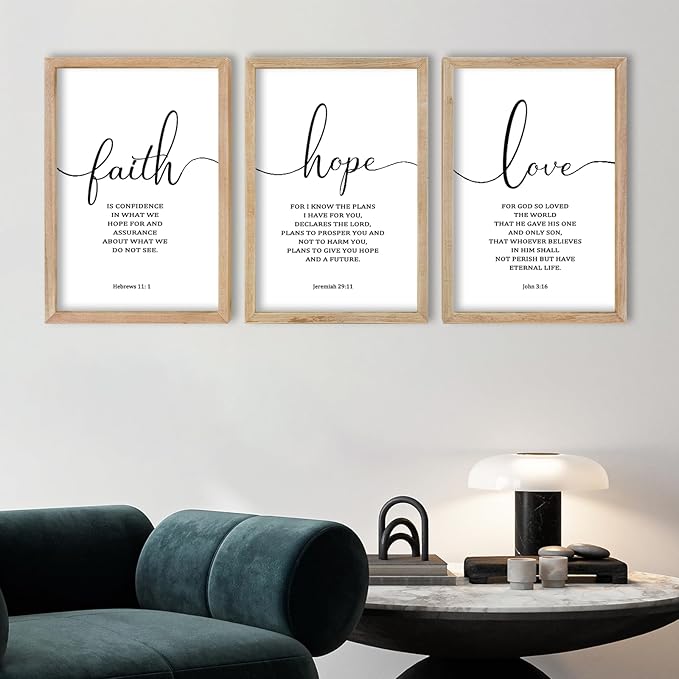 FZMHASLWW Faith Hope Love Sign Wall Decor 24"×16" Set of 3 Bible Verse Christian Scripture Wooden Framed Wall Hanging Art (Wood)