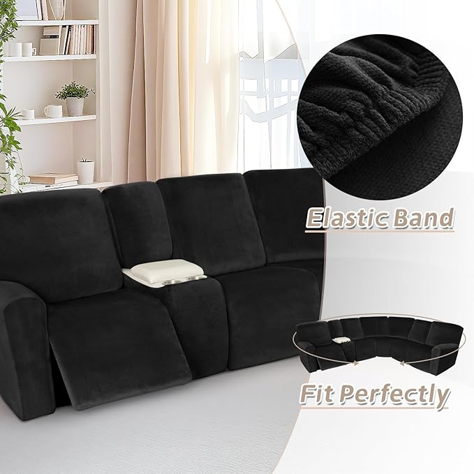 Arfntevss Sectional Recliner Couch Covers Velvet Washable Corner Sectional Sofa Cover for Reclining Couch Stretch Soft Thick L Shape Recliner Slipcover Set (5 Seat with 2 Console Cover, Black)