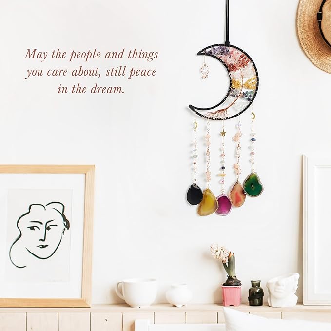 Rainbow Agate Gemstone Big Dream Catcher 7 Chakra Tree of Life Dream Catcher with Crystal Stones Handmade Dreamcatcher Wall Decor for Adults Boys Girls,Bedroom,Garden,Bless Gift(Large Colorful Moon)