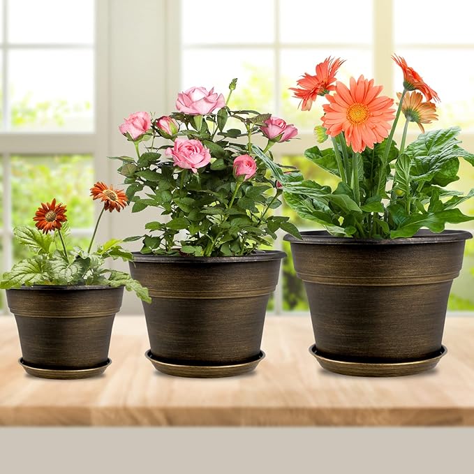 Plant Planters Pots Set of 4 Pack 13 Inch，Large Plastic Flower Pot for Indoor Plants with Drainage Holes & Trays, Resin Decorative Container Sets with Saucer for House Outdoor Garden Plant Dark Gold