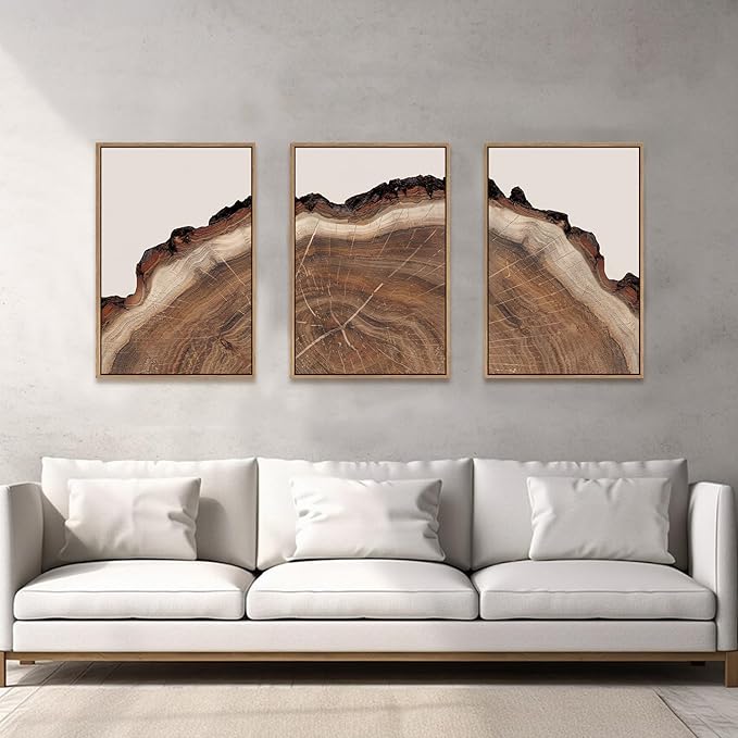 HPINUB Tree Rings Wood Wall Art Framed Set, Modern Beige Wood Stump Wall Decor, Abstract Tree Spiral Wall Painting,Nature-Inspired Art Print for Living Room, Bedroom, Dining Room, Office-16 x24 x3