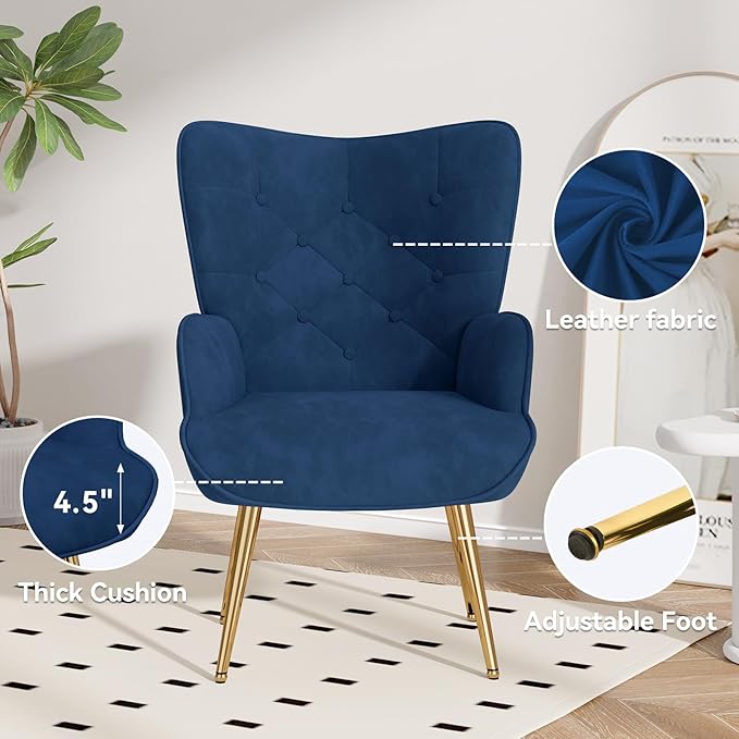 Nalupatio Mid Century Modern Velvet Accent Chair, Tufted Button High Back Chair, Upholstered Wingback Armchair with Metal Legs, High Back Side Chair for Living Room Bedroom, Blue