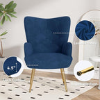 Nalupatio Mid Century Modern Velvet Accent Chair, Tufted Button High Back Chair, Upholstered Wingback Armchair with Metal Legs, High Back Side Chair for Living Room Bedroom, Blue