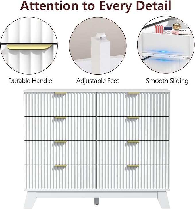 Fluted Dresser for Bedroom,8 Drawer Dresser for Closet,Storage Cabinet and Chest of Drawers with Gold Handle,TV Stand,Storage Organizer for Living Room,Hallway,Entryway,White