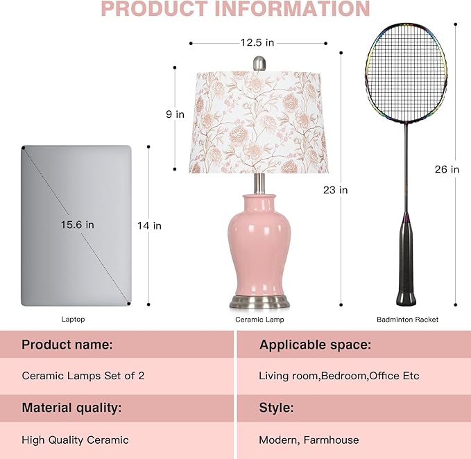 Pink Ceramic Table Lamp with Flower Lampshade, 23" Cute Bedroom Lamp with Ginger Jar Design, Modern Living Room Lamps Set 2, Elegant Bedside Lamps for Nightstand End Table Home Decor