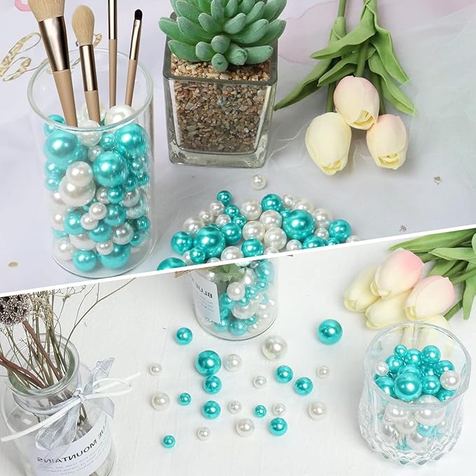 200PCS Teal White Faux Pearls Beads for Centerpiece Vases, Vase Filler Faux Pearls, No Holes Filler Beads for Party Anniversary Birthday Wedding Table Decor, 10/14/20/30mm