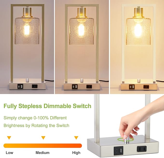 16" Set of 2 Nickel Industrial Table Lamps with USB A+C Charging Ports and AC Outlet, Fully Stepless Dimmable Bedside Lamps with Seeded Glass Shade for Bedroom Living Room Office, LED Bulbs Included