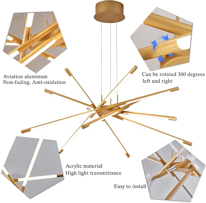 Gold 12-Light Modern Led Chandelier Flush Mount DIY Linear Art Deco Chandeliers Fixture for Dining Room，Staircase Bedroom，Bathroom，Living Room，Foyer and Kitchen Island Easy to Install Lamp