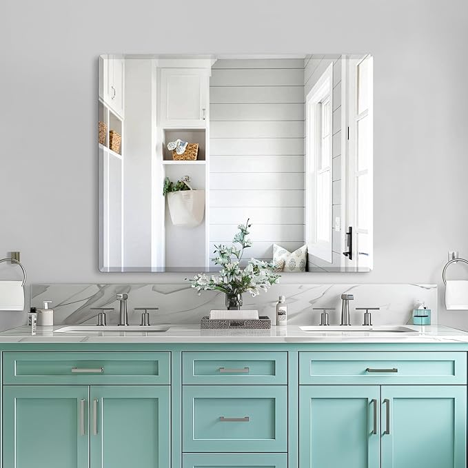Mirrorons Beveled Mirror, Wall Mirror 40" x 32", Frameless Rectangle Bathroom Mirror with Beveled Edge, Hangs Horizontally or Vertically. Rounded Corner Tempered